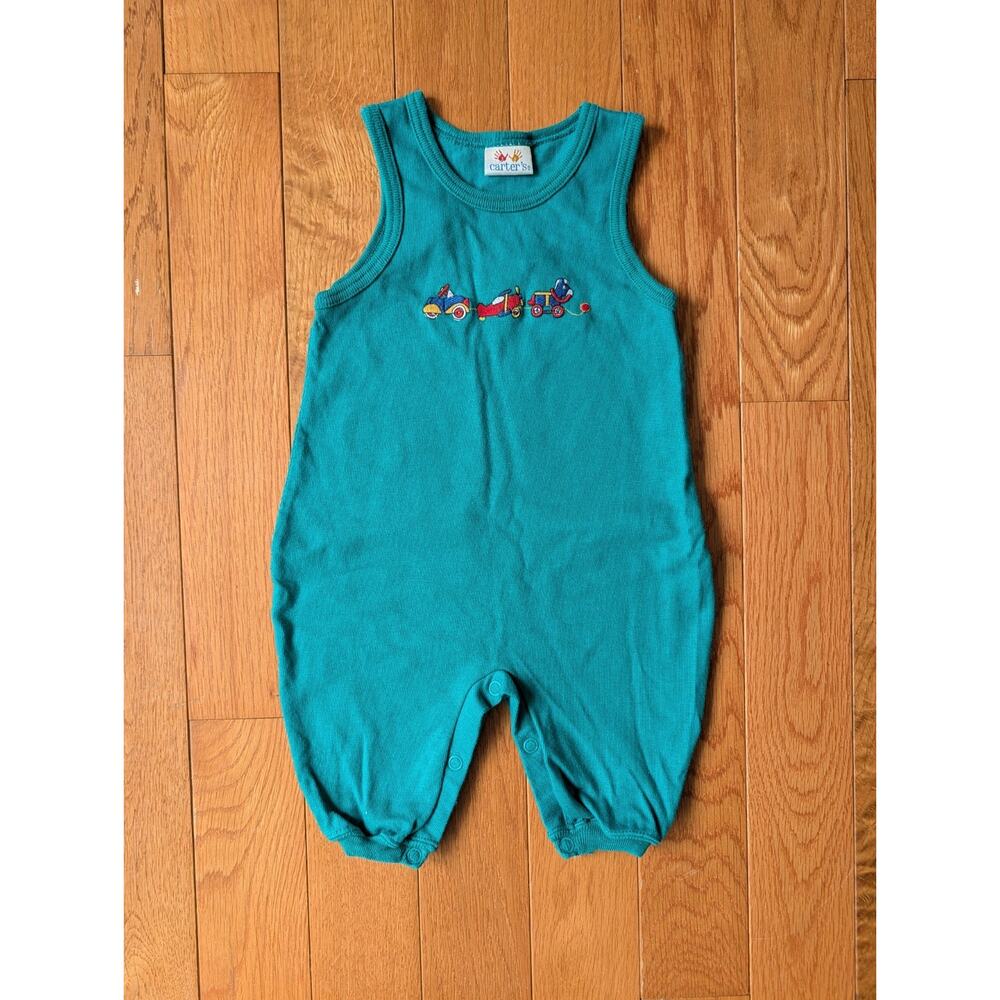 Vintage 90s Carters Cotton Romper Green Trains Airplane Horse Embroidery